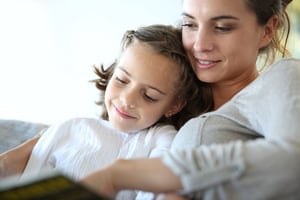 Mom with little girl reading book in sofa-2