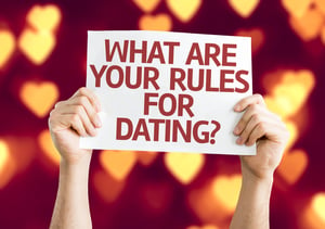 What are your Rules for Dating? card with heart bokeh background